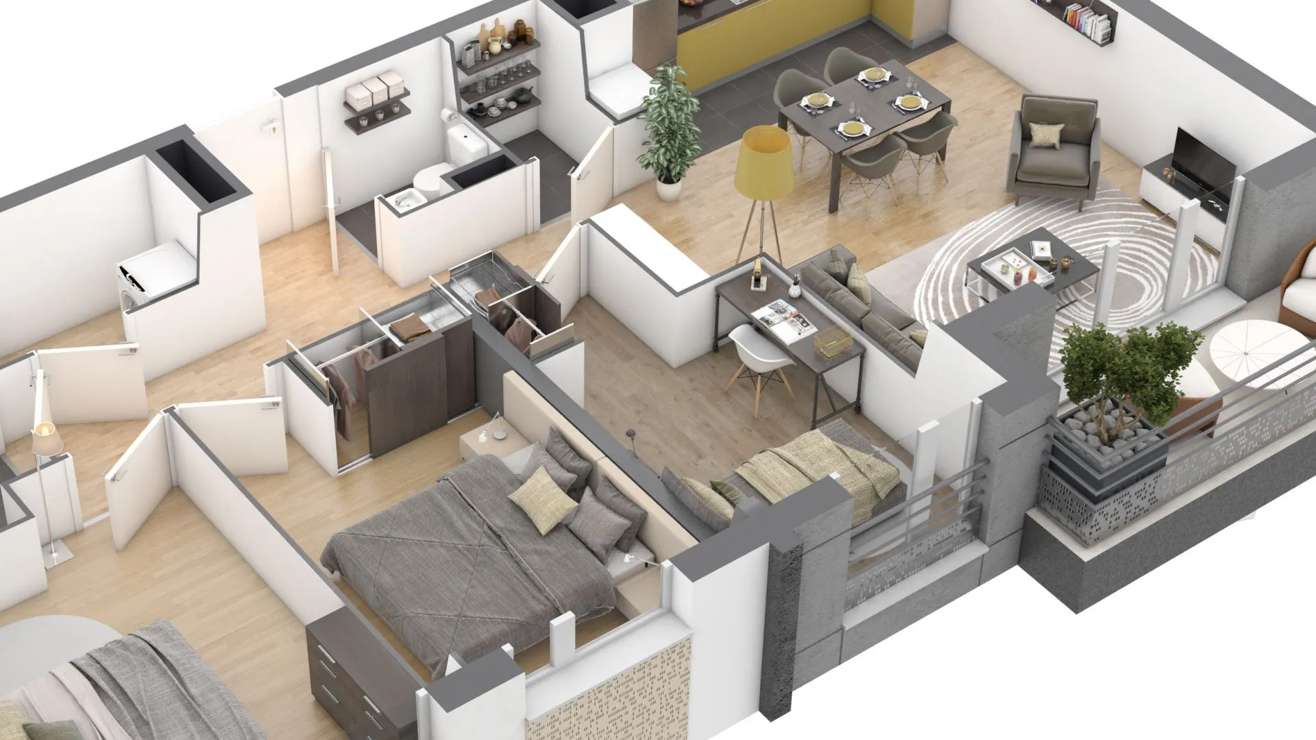 Vue 3D d'un appartement neuf en coupe